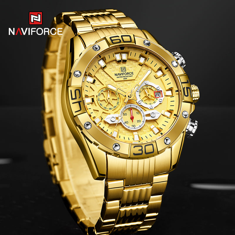 Relojes para hombre NAVIFORCE 2022, reloj de cuarzo clásico de negocios dorado de lujo, cronógrafo analógico, reloj de pulsera deportivo resistente al agua con correa de acero