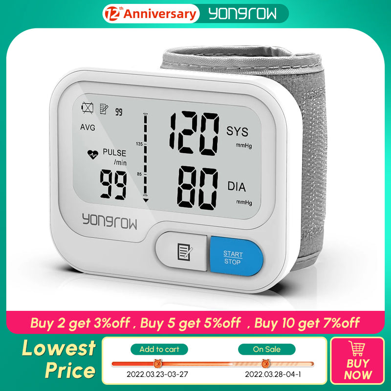 Yongrow Automatisches digitales Handgelenk-Blutdruckmessgerät Blutdruckmessgerät Tonometer Tensiometer Herzfrequenz-Pulsmesser BP-Monitor