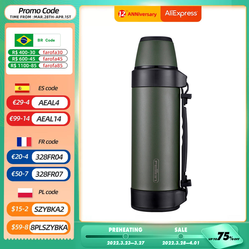 FEIJIAN Military Thermos, Travel Portable Thermos For Tea, Large Cup Mugs for Coffee, Water bottle, Stainless Steel ,1200/1500ML