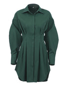 Mnealways18 Spring Summer Bodycon Dress Women Khaki Long Sleeve Pleated Shirt Dress Office Ladies Solid Lapel Casual Mini Dresss