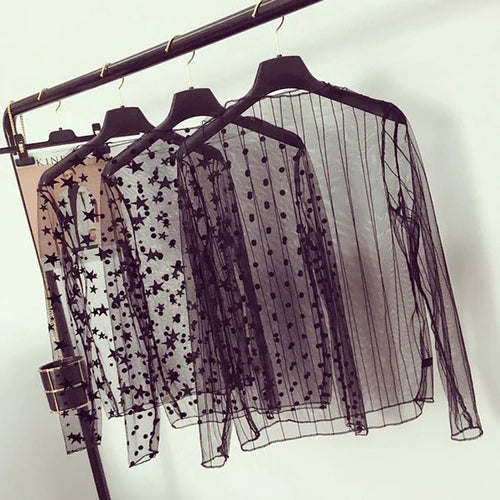 Fashion Brand New Hot Sexy Langarm Durchsichtig Netz Fischnetz Casual Top T-Shirt Sheer Black Lace Star Dots Tops Frauen 2022