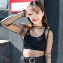 Moda a estrenar caliente Sexy manga larga ver a través de malla Fishnet Casual Top camiseta pura encaje negro estrella puntos Tops mujeres 2022