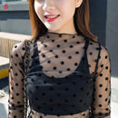 Moda a estrenar caliente Sexy manga larga ver a través de malla Fishnet Casual Top camiseta pura encaje negro estrella puntos Tops mujeres 2022
