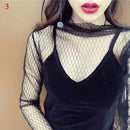 Moda a estrenar caliente Sexy manga larga ver a través de malla Fishnet Casual Top camiseta pura encaje negro estrella puntos Tops mujeres 2022
