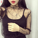 Moda a estrenar caliente Sexy manga larga ver a través de malla Fishnet Casual Top camiseta pura encaje negro estrella puntos Tops mujeres 2022