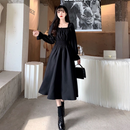 QWEEK Vintage Black Dress Women French Elegant Square Collar Long Sleeve Midi Dress 2021 Autumn Ladies Retro Clothes Chic Korean