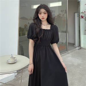 QWEEK Vintage Black Dress Women French Elegant Square Collar Long Sleeve Midi Dress 2021 Autumn Ladies Retro Clothes Chic Korean