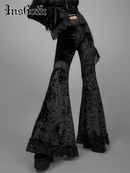 InsGoth Mall Goth pantalones acampanados de cintura alta estéticos Sexy encaje Patchwork pantalones mujeres Vintage elegante terciopelo Navidad Pantalones