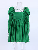 Mnealways18 Puff Sleeves Woman Party Dress Evening Chic Square Collar Ball Gown Dress Short Beige Satin Dresses Pleated Ladies