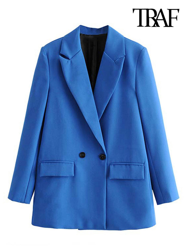 TRAF Frauen schicke Bürodame zweireihiger Blazer Vintage Mantel Mode gekerbter Kragen Langarm Damen Oberbekleidung stilvolle Oberteile
