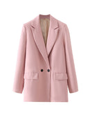 TRAF Women Chic Office Lady Double Breasted Blazer Vintage Coat Fashion Notched Collar Long Sleeve Ladies Outerwear Stylish Tops