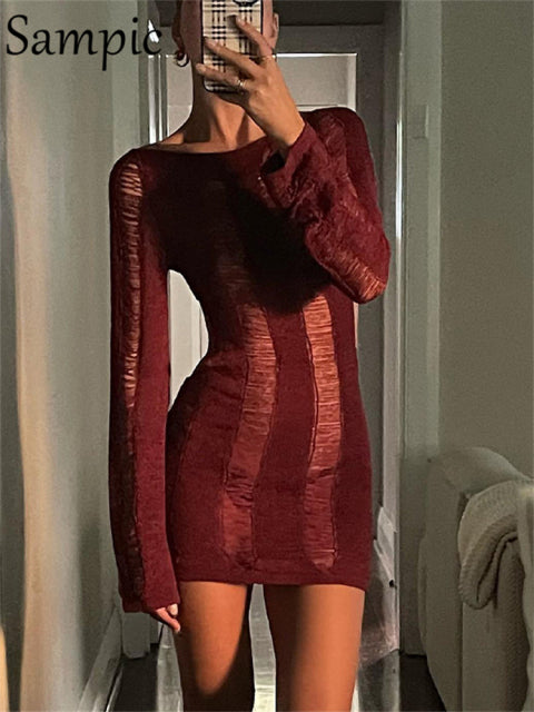Sampic Long Sleeve Backless Hollow Out Summer O Neck Knitted Black Mini Dress Wrap Women Clothing Party Sexy Night Club Dress