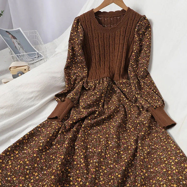Cord Blumen Damen Kleider Vintage Strick Patchwork Vestidos De Mujer 2022 Süßes Koreanisches Langes Kleid A-Linie