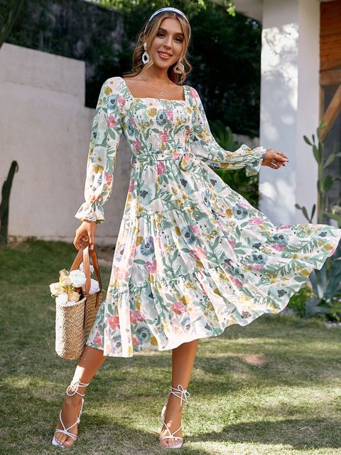 Simplee Floral slash cuello manga larga volante estampado verano vestido mujer vacaciones playa cinturón vestido cuello cuadrado vestidos elásticos