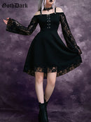 Goth Dark Gothic Aesthetic Vintage Damen Herbst Kleider Grunge Lace Patchwork Flare Sleeve Schwarz A-Linie Kleid Punk Partywear