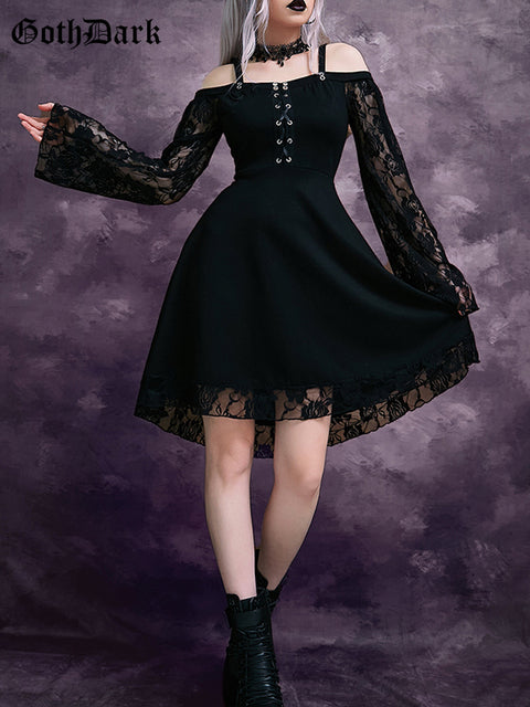 Goth Dark Gothic Aesthetic Vintage Women Autumn Dresses Grunge Lace Patchwork Flare Sleeve Black A-line Dress Punk Partywear