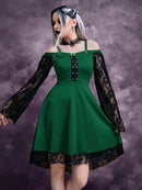 Goth Dark Gothic Aesthetic Vintage Damen Herbst Kleider Grunge Lace Patchwork Flare Sleeve Schwarz A-Linie Kleid Punk Partywear