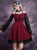 Goth Dark Gothic Aesthetic Vintage Damen Herbst Kleider Grunge Lace Patchwork Flare Sleeve Schwarz A-Linie Kleid Punk Partywear