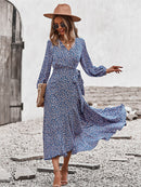 Primavera otoño vestido largo con estampado de vendaje para mujer 2022 nuevo cuello en V manga completa cintura alta invierno Maxi vestidos señoras elegantes