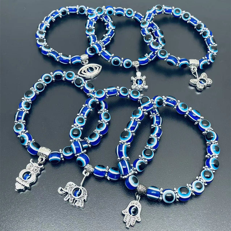 Blaues Auge-Armband Hand von Fatima Türkei Tausend Augen wünschen handgefertigte Harz-Perlenarmbänder für Damen, elastische Armbänder, Schmuck