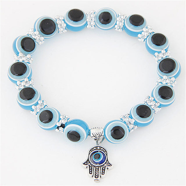 Blue Evil Eye Bracelet Hand of Fatima Turkey Thousand Eyes Wish Handmade Women&