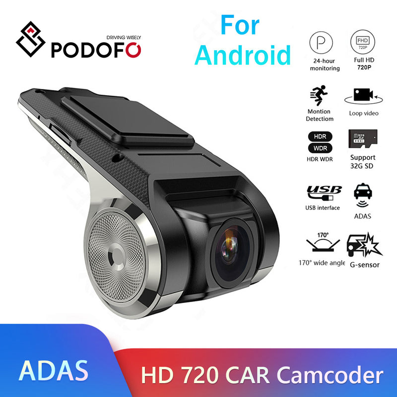 Podofo Dash Cam ADAS Car DVR ADAS Dashcam DVRs Video HD 720P USB TF Tarjeta 16G / 32G Grabadora automática para Android Reproductor multimedia DVD