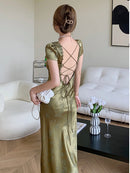 Elegant Women Green Satin Backless Mixi Dress Palace Short Sleeve Lace V-Neck Bandage Vintage Bodycon Dress Robe Summer Vestidos