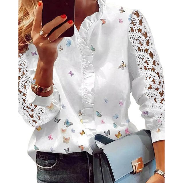 Damen Elegante Mode Schmetterlingsdruck Blusen Top Rüschenbesatz Lässige lange Spitzenärmelbluse