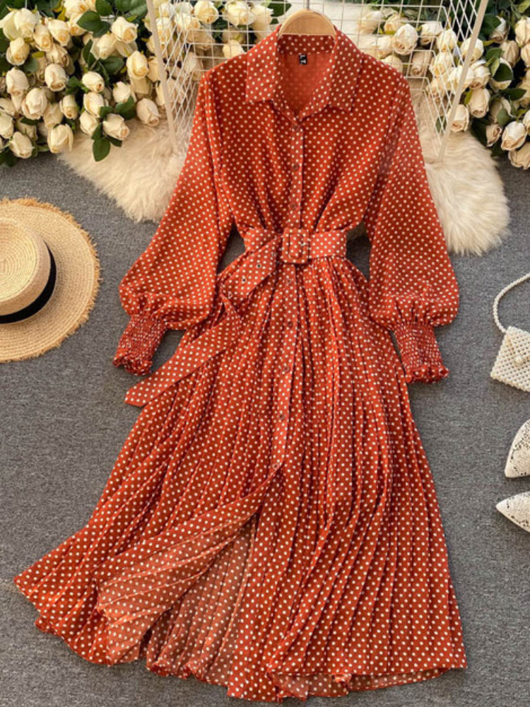 Frühling und Sommer Französisch Vintage Maxikleid 2021 Sommerkleid Damen Langarm Orange Polka Dot Chiffon Plissee Kleider Femme Robe