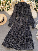 Spring And Summer French Vintage Maxi Dress 2021 Sundress Ladies Long Sleeve Orange Polka Dot Chiffon Pleated Dresses Femme Robe