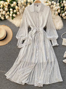 Spring And Summer French Vintage Maxi Dress 2021 Sundress Ladies Long Sleeve Orange Polka Dot Chiffon Pleated Dresses Femme Robe