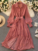 Spring And Summer French Vintage Maxi Dress 2021 Sundress Ladies Long Sleeve Orange Polka Dot Chiffon Pleated Dresses Femme Robe