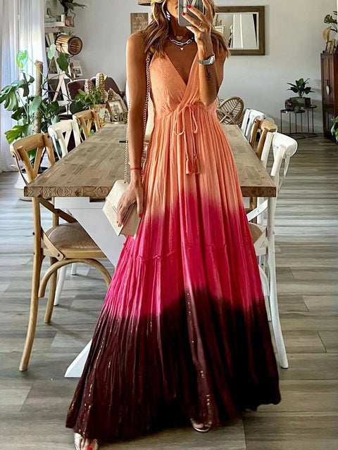 Elegante Sommerkleider mit V-Ausschnitt für Damen, lässige Kurzarmkleider, besticktes, schlankes, langes Kleid, Vintage-Kleid mit Kordelzug