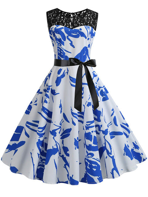 Blaues Spitze-Patchwork-Sommerkleid-Frauen-elegantes Weinlese-Partei-Kleid-beiläufiges Büro-Damen-Arbeits-Kleid