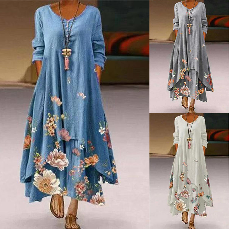 Summer Floral Print Long Dresses Women O Neck Buttons Irregular Hem Maxi Dresses Loose Casual Beach Vestidos Dresses Plus Size