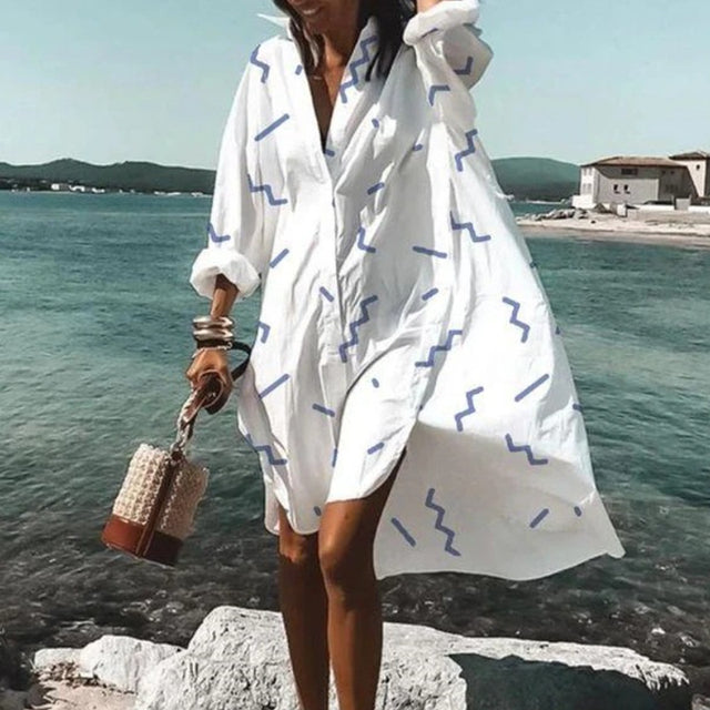 2021 Summer Women Dresses Turn-down Collar Print Casual Long Sleeve Shirt Dress Oversized Loose Beach Party Vestidos Robe Blouse