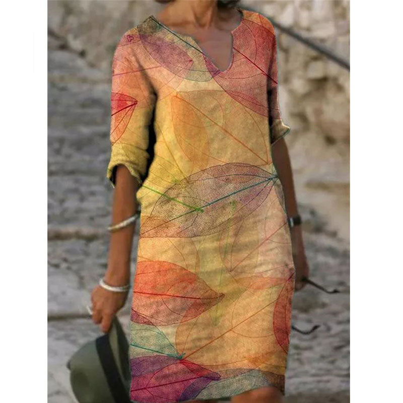 2021 Bedrucktes loses Satin-Nachtkleid Damenmode beiläufige Halbarm-Weinlese-Frühlings-Sommer-V-Ausschnitt Allgleiches Strandkleider