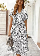 2021 Summer Polka Dot Dress Ladies Leopard Print Shirt Dress, Bohemian, Mid-length, High Waist, Beachwear, Vacation, Summer