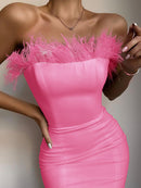 New Summer Sexy Strapless Backless Feather Black Midi Women Bodycon Bandage Dress 2022 Designer Fashion Party Club Dress Vestido