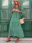 Fashion Printed Dress Women Puff Sleeve Long Dress Summer Boho Maxi Dress Geometric Print Long Dress Loose Holiday Beach Dress
