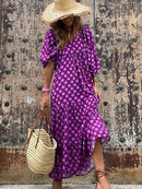 Fashion Printed Dress Women Puff Sleeve Long Dress Summer Boho Maxi Dress Geometric Print Long Dress Loose Holiday Beach Dress