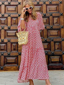 Fashion Printed Dress Women Puff Sleeve Long Dress Summer Boho Maxi Dress Geometric Print Long Dress Loose Holiday Beach Dress