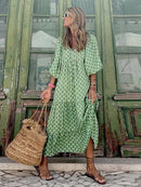 Fashion Printed Dress Women Puff Sleeve Long Dress Summer Boho Maxi Dress Geometric Print Long Dress Loose Holiday Beach Dress