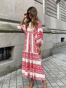 Fashion Printed Dress Women Puff Sleeve Long Dress Summer Boho Maxi Dress Geometric Print Long Dress Loose Holiday Beach Dress