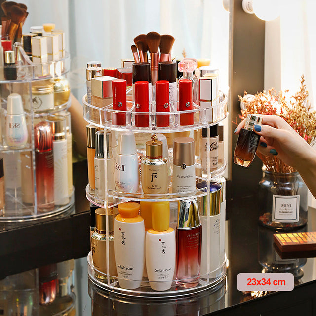 Caja organizadora de maquillaje, rotación de 360 ​​grados, organizador de cosméticos, tocador desmontable multifunción transparente a la moda