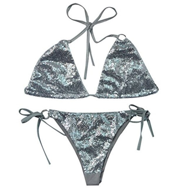 Swimsuit Women Sequins Swimwear  Bodysuit Crochet Bandage Cut Out Beach Wear Bathing Suit Brazilian Swimsuit XL
