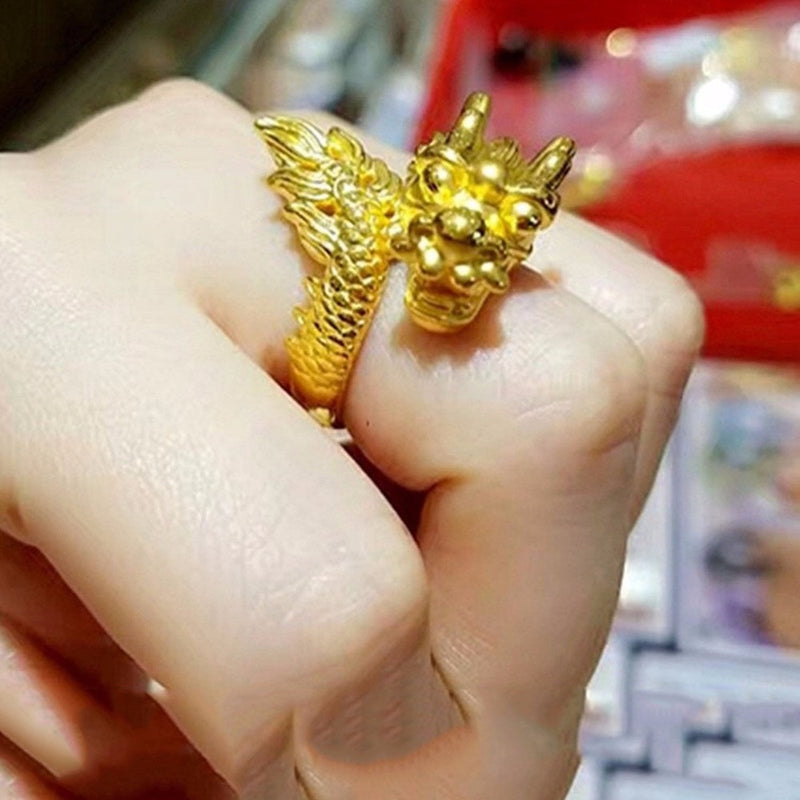 Anillo de moda de oro amarillo de 24 quilates para caballeros, anillo de cabeza de dragón Noble de la suerte