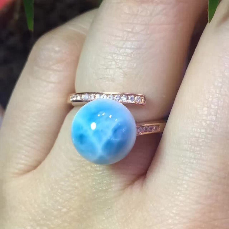 Genuino Natural azul larimar gemas piedra tamaño ajustable moda mujer señora anillo 10mm AAAAA
