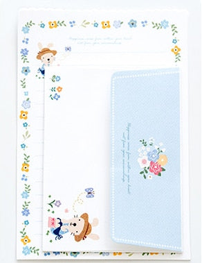 1 Set=4 Letters + 2 Envelopes Kawaii Rabbit Penguin Flower Paper Letter Stationery Set Writing Greeting Birthday Message