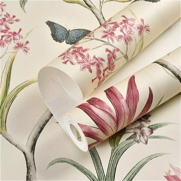 Papel tapiz chinoiserie, revestimiento de paredes del dormitorio, papel tapiz floral rosa vintage moderno, papel de pared de flores de pájaros y mariposas tropicales azules